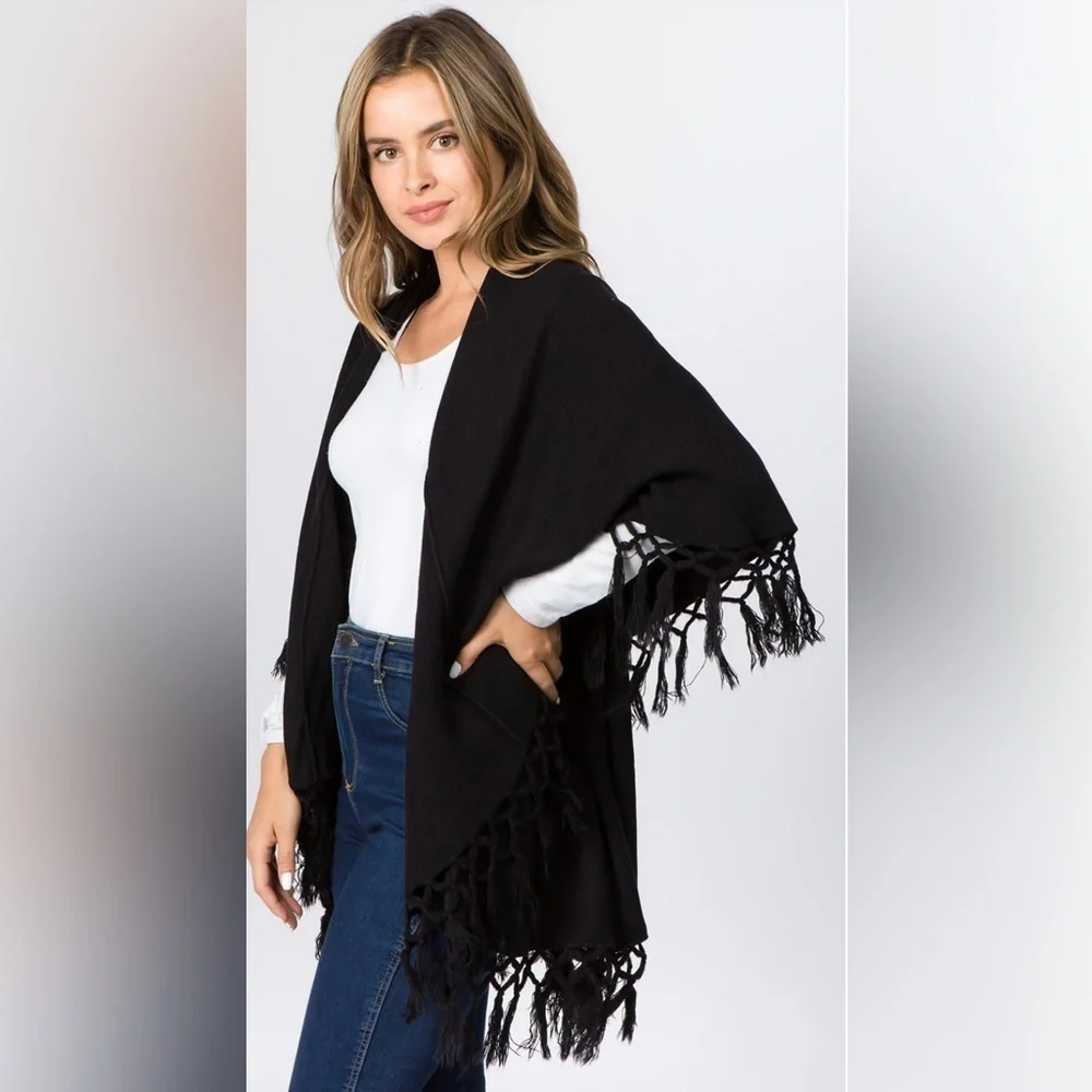 Double Layered Fringe Vest- Black OSFM 100% Acrylic
